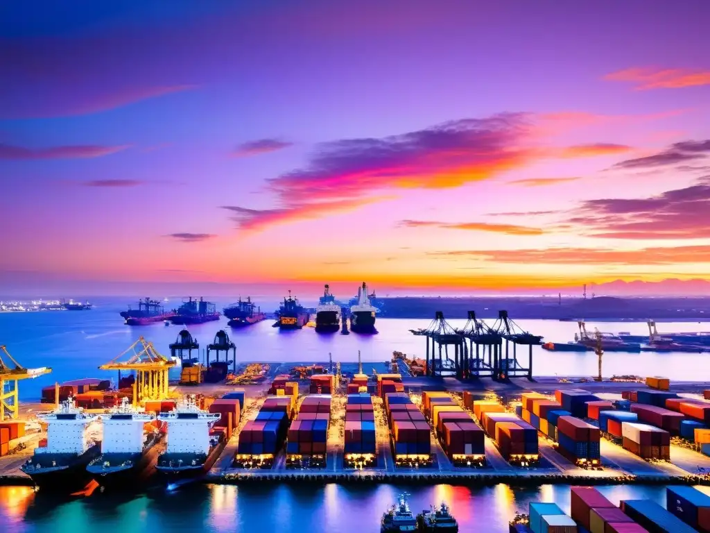 Tráfico portuario al atardecer: símbolo de comercio global en México Un puerto internacional bullicioso con barcos cargueros, grúas, banderas y atardecer