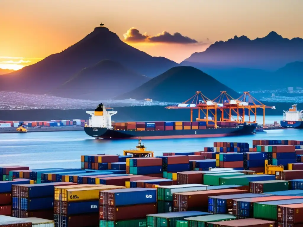 Actividad portuaria en México al atardecer Un puerto mexicano bullicioso al atardecer, con barcos cargados y grúas en acción