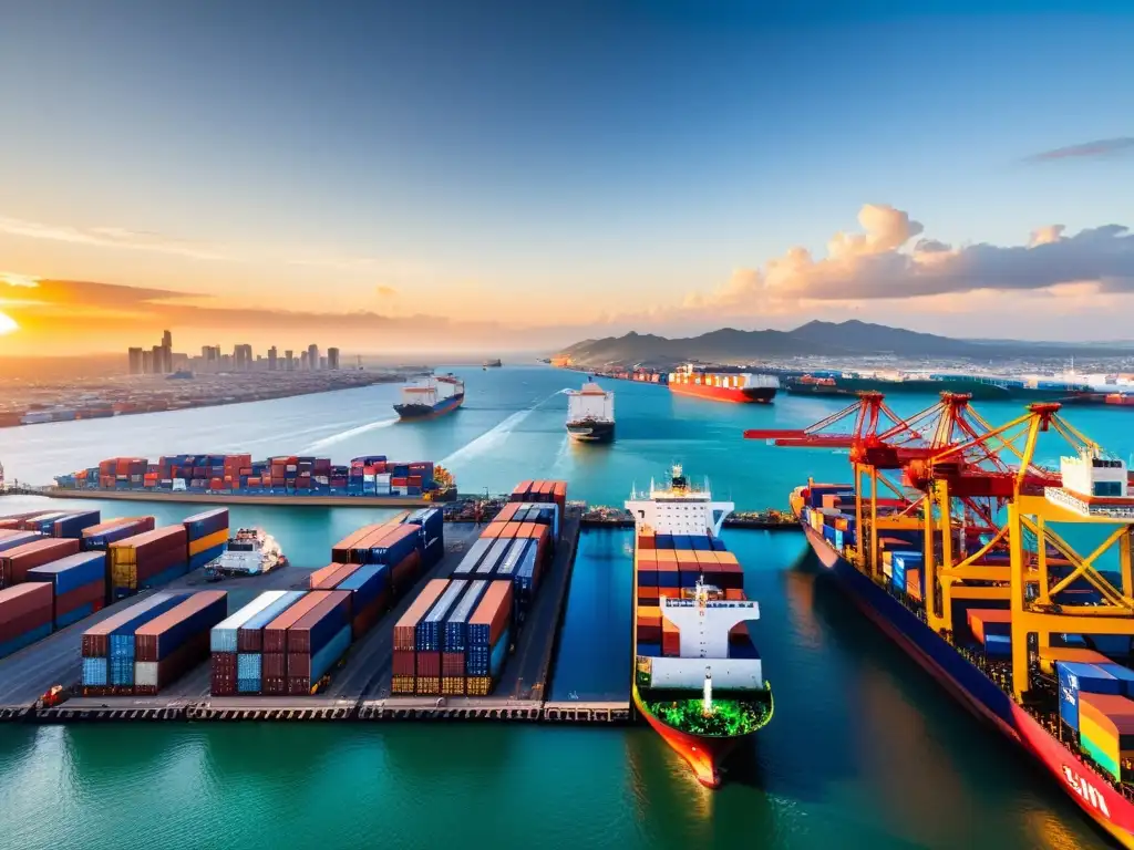 Puerto mexicano: comercio internacional al atardecer Un puerto mexicano bullicioso con barcos de carga siendo cargados y descargados, mientras funcionarios aduaneros inspeccionan contenedores