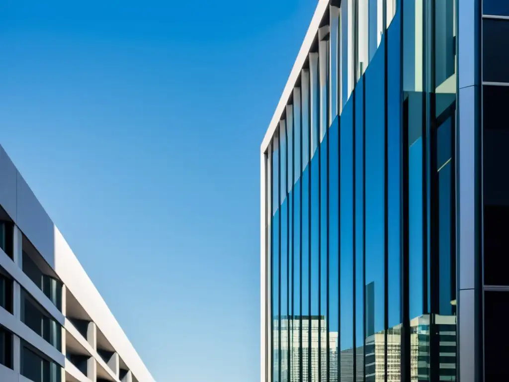 Edificio de oficinas moderno en la ciudad Un rascacielos de cristal en la ciudad, reflejando la luz del sol y el dinamismo urbano