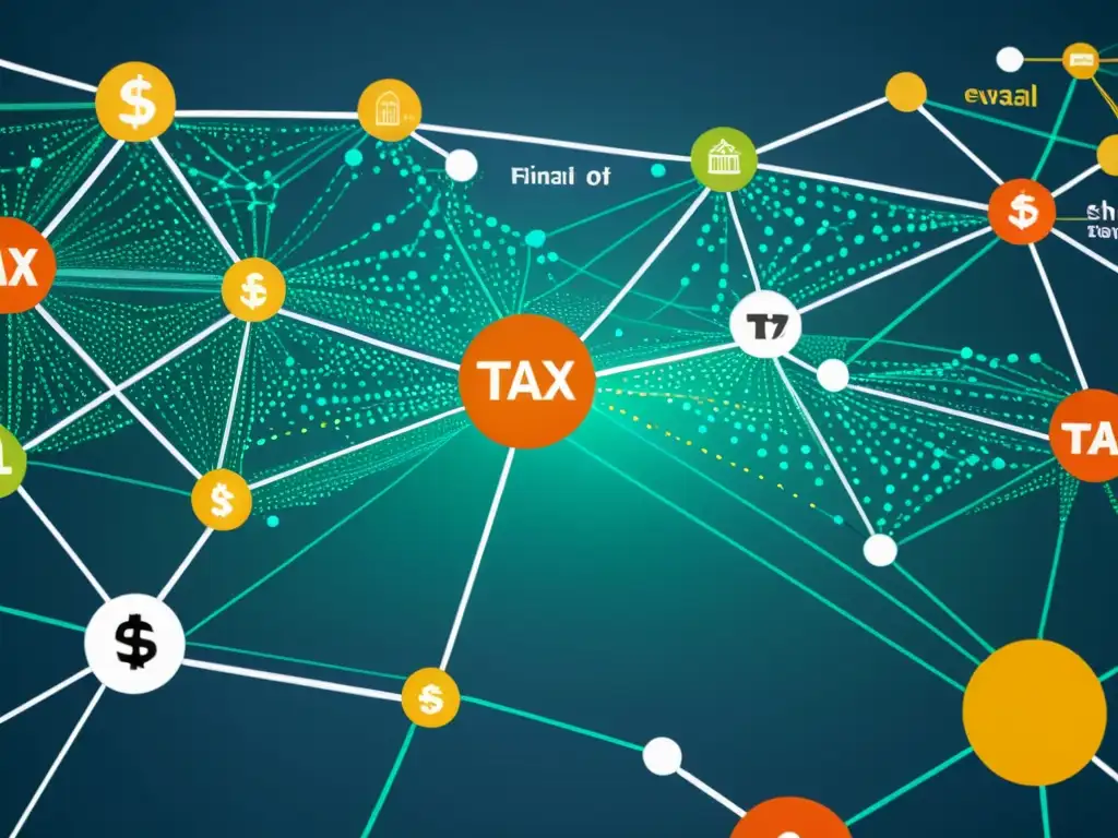 Red de Transacciones Financieras: Tax Evasion y Legalidad Una red financiera compleja con nodos interconectados y datos fluyendo entre ellos, representando la evasión fiscal versus la elusión legal
