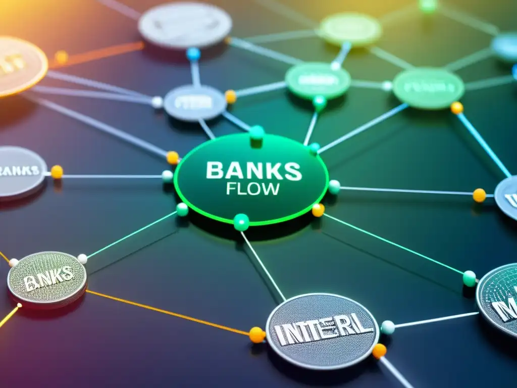 Red financiera interconectada: Datos vibrantes y complejidad Una red de transacciones financieras detallada, vibrante y colorida, representando el análisis detallado ley impuesto transacciones financieras