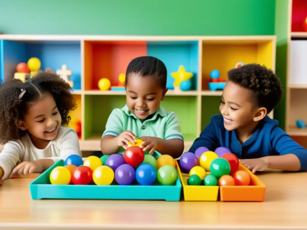 Niños disfrutando de juegos educativos en aula moderna Aplicación del IVA reducido: Niños disfrutando de actividades educativas con juguetes coloridos en un aula moderna y bien iluminada