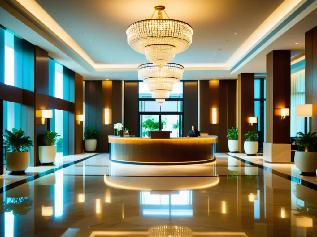 Lujoso vestíbulo de hotel: luces cálidas, mármol y elegancia Régimen fiscal para cadenas hoteleras: Lobby lujoso con detalles opulentos, personal atento y ambiente acogedor iluminado cálidamente