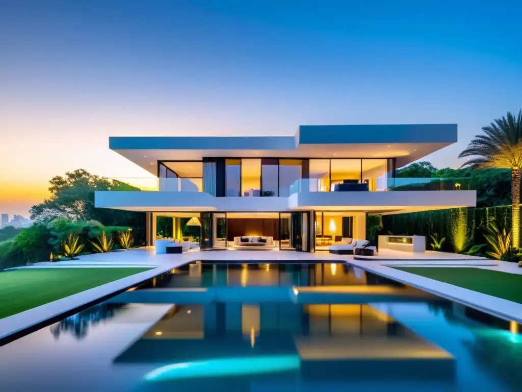 Mansión de lujo al atardecer con piscina infinita y jardines impecables Residencia de lujo moderna con jardines exquisitos y piscina infinita