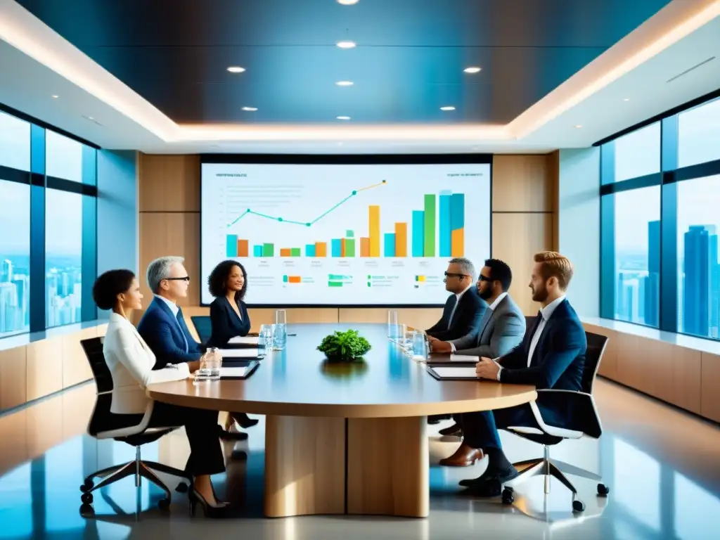 Reunión de Negocios: Estrategias Financieras y Colaboración Profesional Una reunión de negocios moderna y diversa discutiendo estrategias fiscales para fusiones y adquisiciones, con un ambiente profesional y analítico