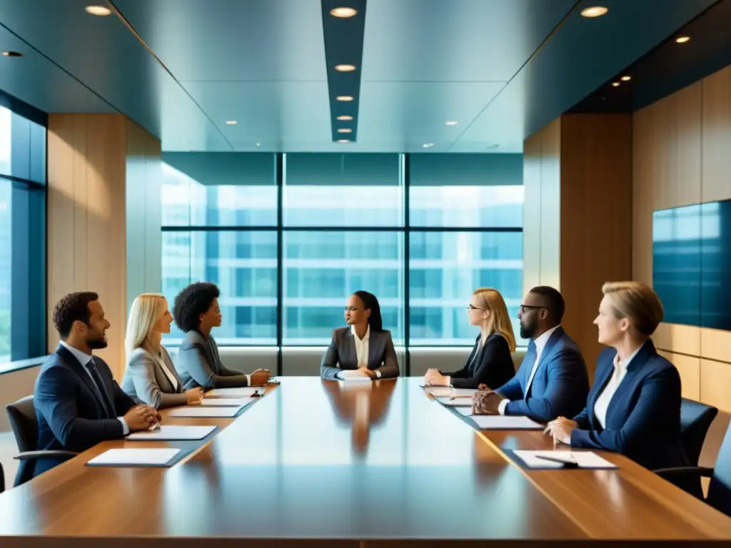 Reunión de profesionales en sala de juntas moderna Una reunión de trabajo en una moderna sala de juntas, con profesionales comprometidos en una discusión