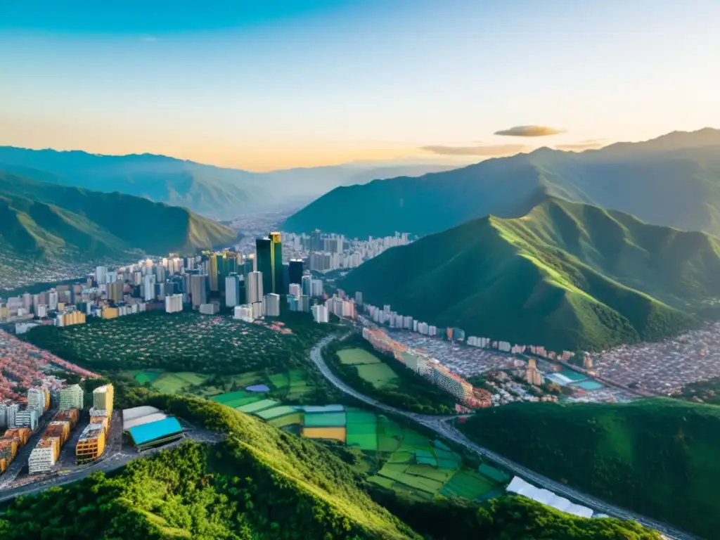 Vista aérea de ciudad colombiana: montañas, río y bullicio urbano Distribución de la riqueza en Colombia: Una ciudad vibrante se extiende entre montañas verdes, reflejando la luz dorada del atardecer