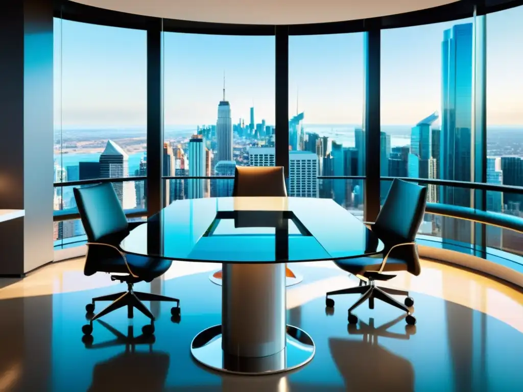 Salón de conferencias empresariales con vistas al skyline urbano Una sala de conferencias moderna con empresarios y asesores financieros discutiendo estrategias, rodeados de documentos financieros