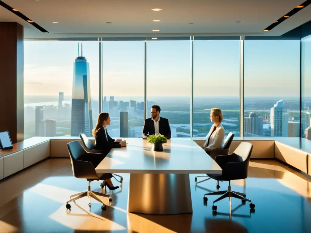 Sala de conferencias moderna con vista panorámica de la ciudad y profesionales trabajando Una sala de conferencias moderna con luz natural y una vista impresionante de la ciudad