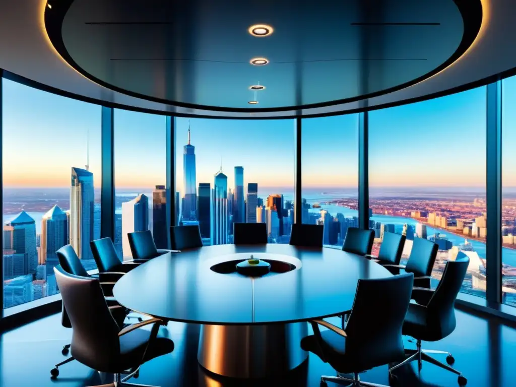 Sala de juntas financiera de alto nivel con vista panorámica La sala de juntas moderna y elegante con expertos financieros discutiendo sobre planificación fiscal para patrimonios exorbitantes