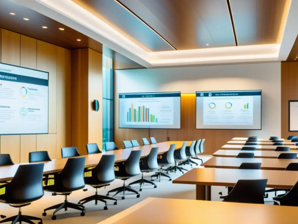 Aula de capacitación en derecho tributario: profesionalismo e innovación Salón de clases moderno con mobiliario elegante bañado por luz natural, ideal para capacitaciones en derecho tributario profesional