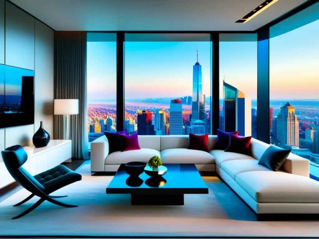 Salón de lujo con vista a la ciudad y mobiliario minimalista Salón de lujo moderno con muebles minimalistas, ventanales panorámicos y arte elegante