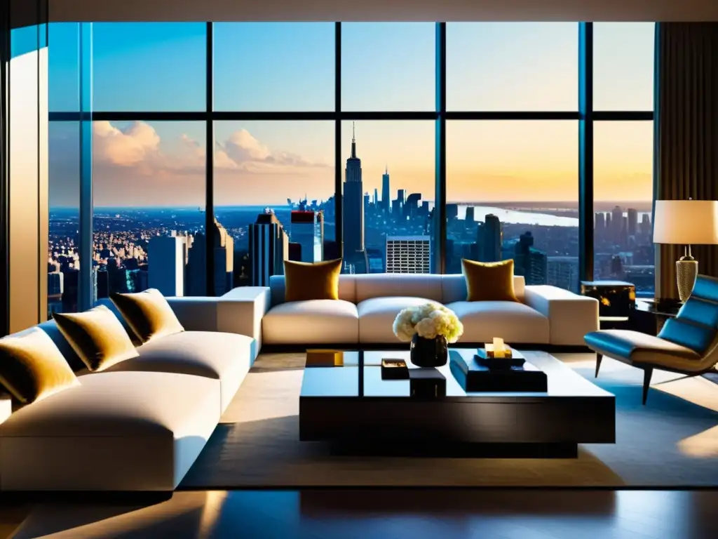 Salón de lujo con vista a la ciudad y diseño sofisticado Salón moderno de lujo con vista a la ciudad, diseño elegante, muebles lujosos y arte contemporáneo