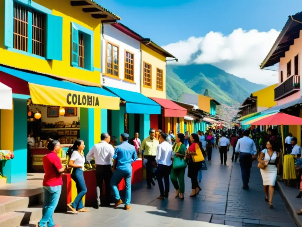 Vibrante calle de Colombia: Emprendedores y gobierno unidos Vivid scene on Colombian street with small businesses, people, and government collaboration