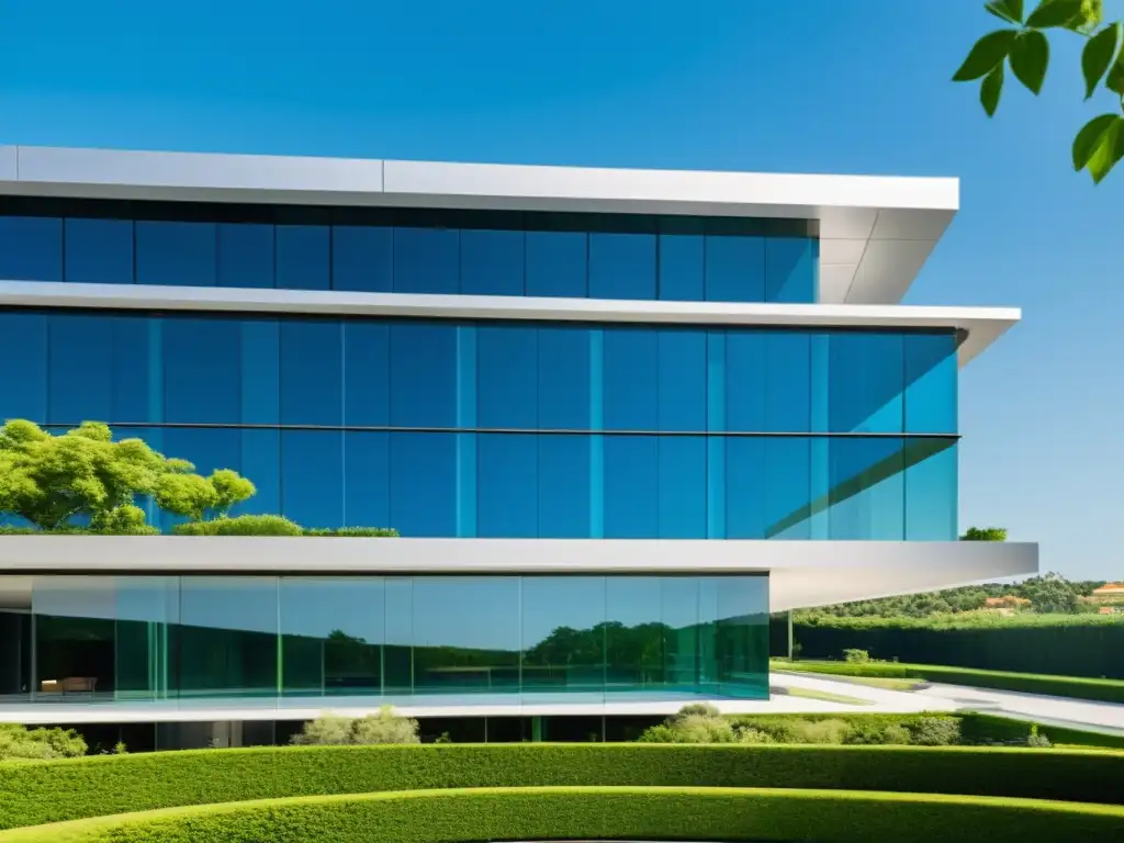 Sede Corporativa Moderna: Éxito Empresarial en España Sede moderna de empresa española, con diseño arquitectónico impactante y entorno verde exuberante