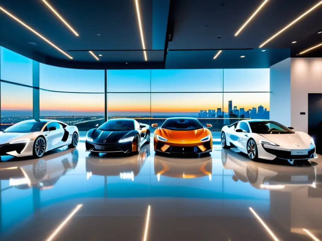Showroom de Autos Futurista: Elegancia Urbana y Tecnología Avanzada Showroom de venta de vehículos moderno y sofisticado con autos brillantes bajo luces futuristas