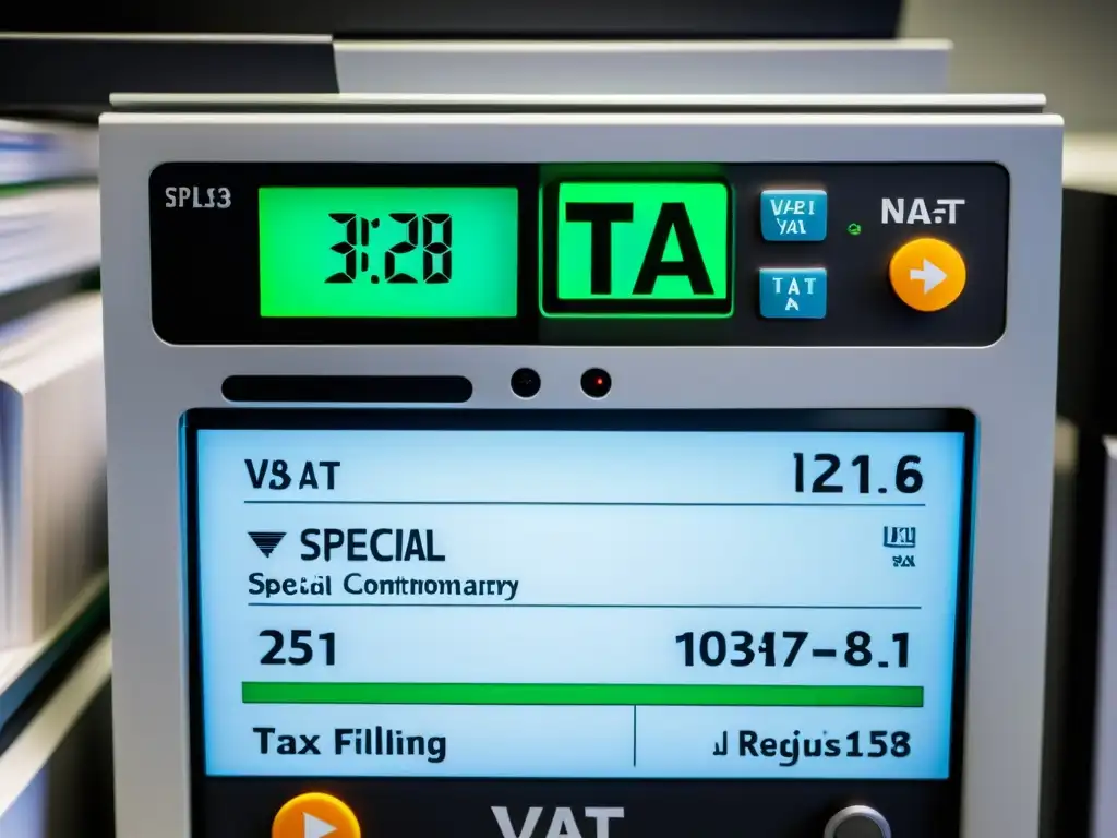 Sistema moderno de gestión de impuestos: Eficiencia y precisión en actualización de regímenes especiales de IVA Un sistema electrónico moderno muestra actualizaciones regímenes especiales IVA en una oficina organizada y profesional