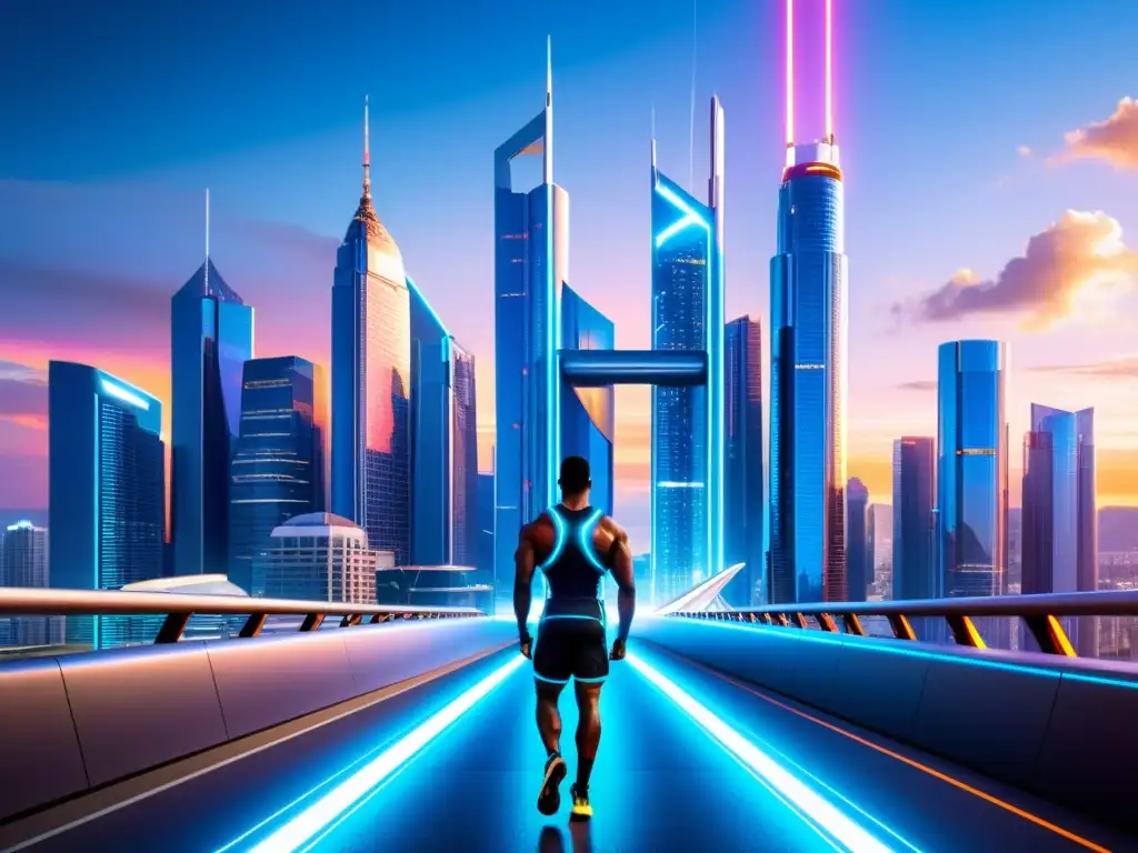 Metrópolis futurista: atletas de élite junto a rascacielos de neón Un skyline futurista de rascacielos de cristal iluminados con luces de neón, con atletas de élite representando la fuerza y el éxito
