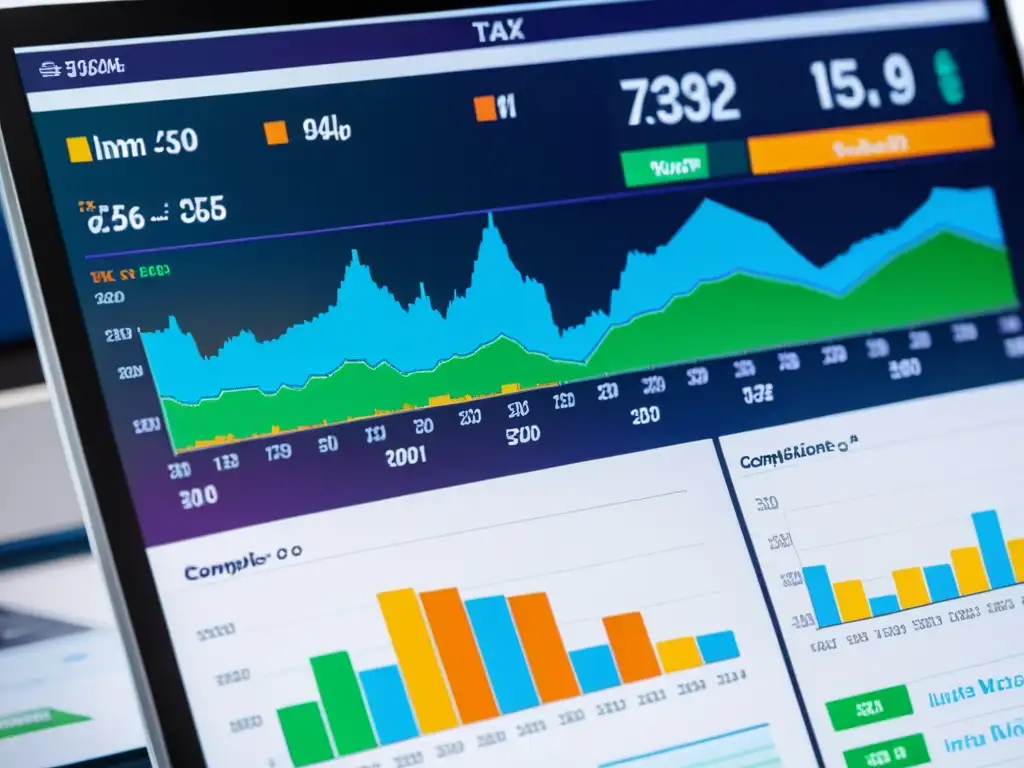 Interfaz futurista de software: gráficos dinámicos y eficiencia financiera Software de gestión tributaria eficiente: Detalle ultramoderno de interfaz con gráficos financieros dinámicos y navegación intuitiva