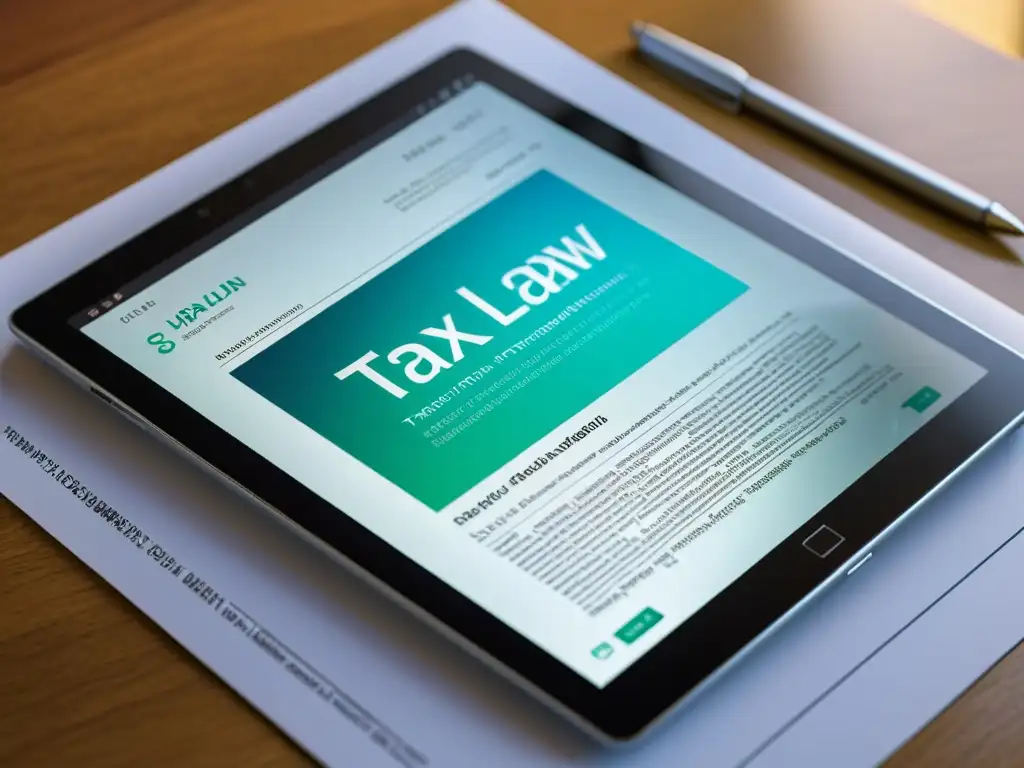 Tableta digital muestra compleja ley tributaria digital Una tablet contemporánea muestra ediciones digitales en derecho tributario, reflejando la complejidad y modernización de la literatura legal