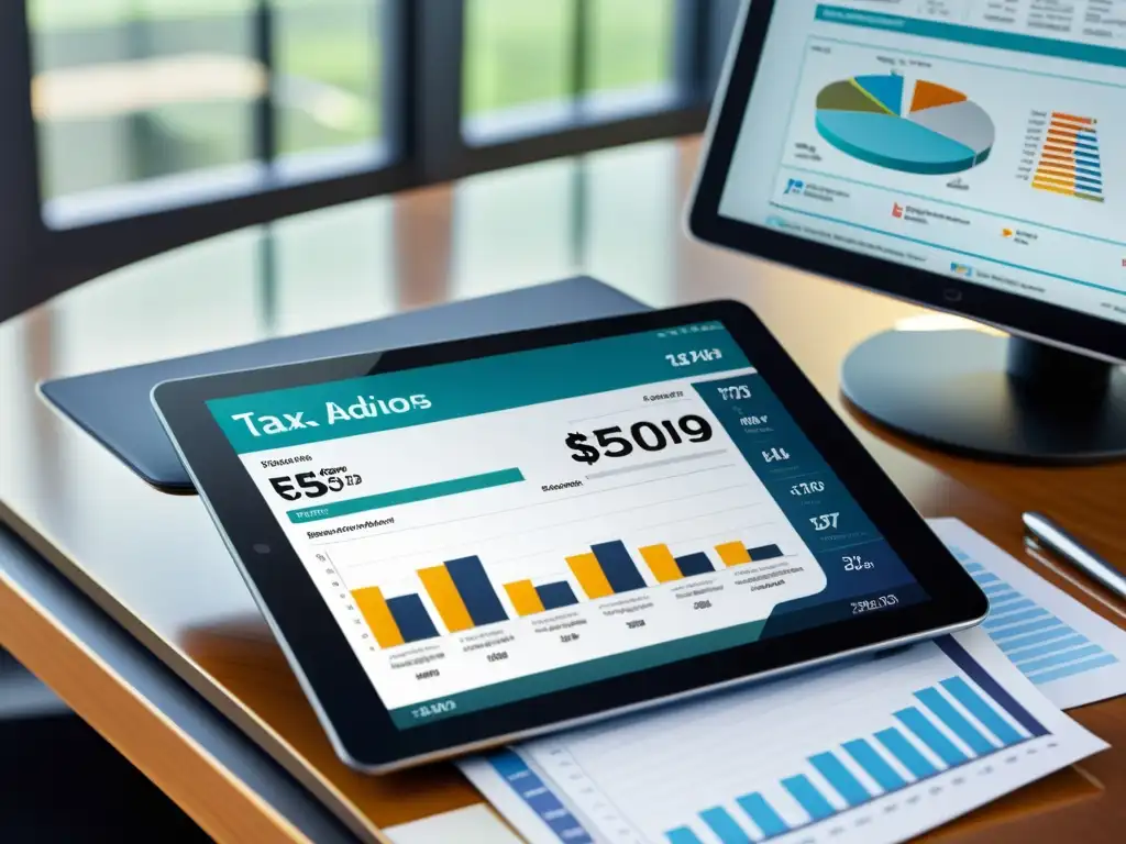 Tableta digital profesional con herramientas fiscales Una tableta digital muestra publicaciones fiscales especializadas y herramientas digitales en un entorno profesional, destacando la importancia de recursos especializados para asesores fiscales