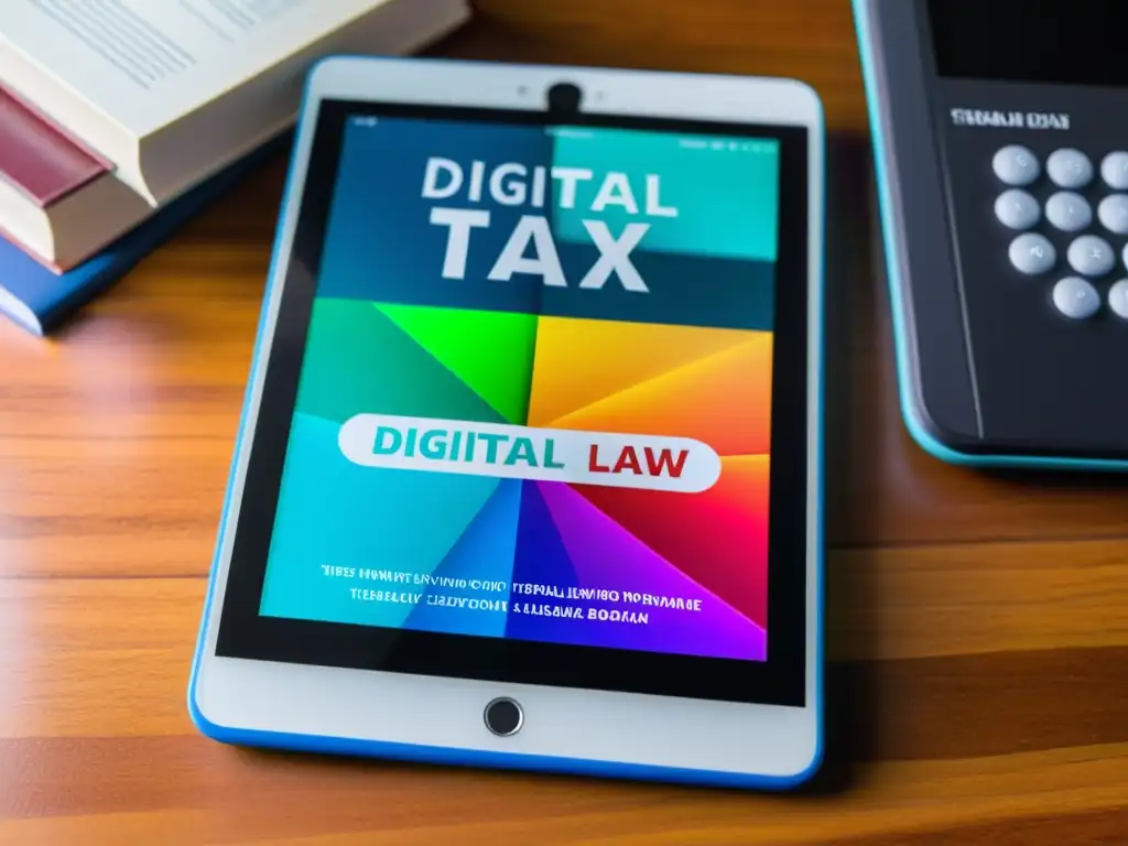 Tableta moderna muestra libro de impuestos digitales en contraste con libros físicos Una tableta moderna muestra un libro digital de derecho tributario, en contraste con libros físicos