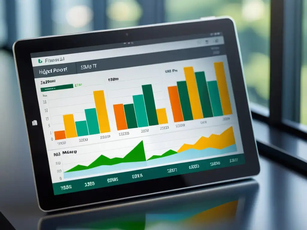 Informe financiero transparente en tablet moderno Tableta muestra un reporte financiero transparente con gráficos detallados