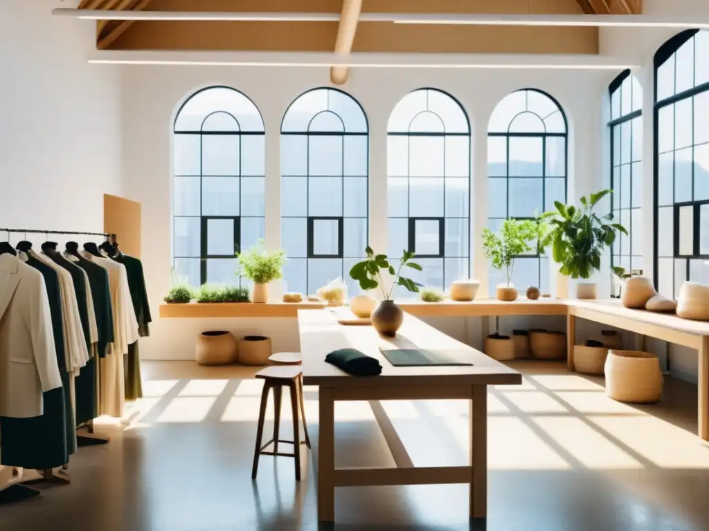 Atelier de moda sostenible: diseño ético y elegante Un taller de moda sostenible ética con diseñadores creando prendas de manera ecofriendly en un espacio moderno y luminoso