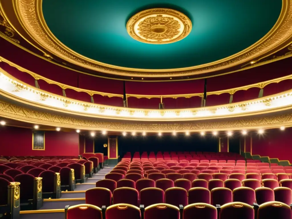 Teatro histórico lleno de vida: Patrocinio cultural y beneficios fiscales Teatro histórico con detalles dorados, audiencia elegante y escenario iluminado