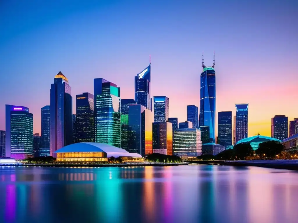 Horizonte urbano moderno al atardecer: estrategias fiscales avanzadas Técnicas avanzadas de reducción de impuestos corporativos: Una ciudad moderna iluminada con energía y sofisticación al anochecer