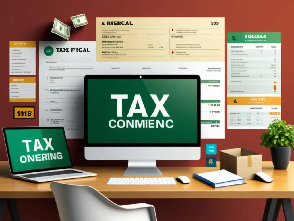 Comercio Internacional: Impuestos y Obligaciones Fiscales en México Una tienda en línea moderna y detallada, mostrando la fiscalidad internacional para ecommerce en México
