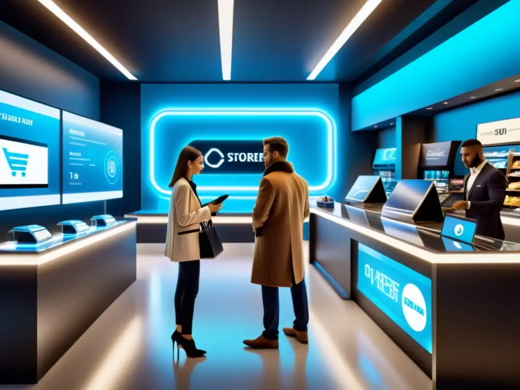 Tienda digital futurista con seguridad integrada Una tienda online futurista y segura con clientes activos, protegiendo transacciones contra el fraude fiscal en ecommerce