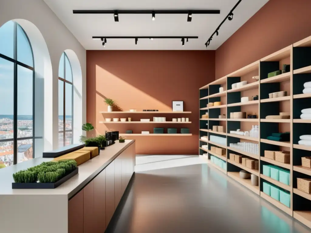 Tienda online de lujo con diseño minimalista y energía vibrante Tienda online moderna con diseño minimalista y productos organizados en estantes