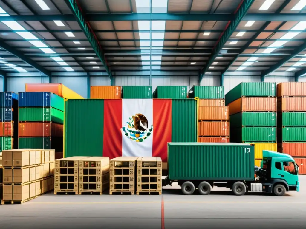Logística de exportación en México: Impuestos indirectos Almacén de exportación en México con trabajadores cargando cajas en camiones, destacando la bandera mexicana