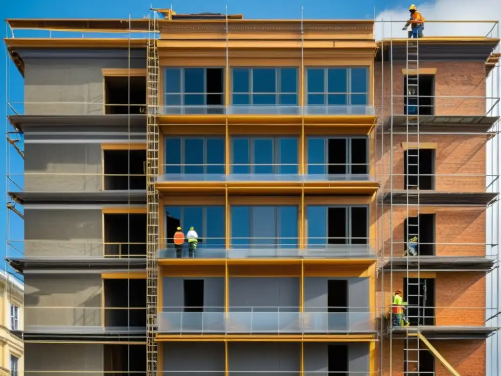 Restauración detallada de edificio histórico: artesanía y revitalización Trabajadores restaurando edificio histórico con incentivos fiscales rehabilitación propiedades