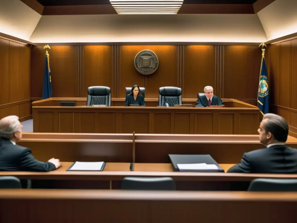 Escena realista de un juicio por fraude fiscal En un tribunal, el juez preside un caso de fraude fiscal