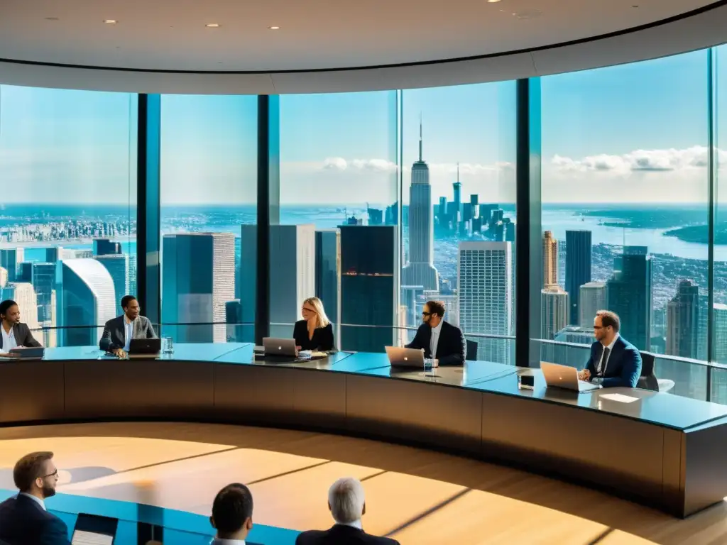 Sala de Tribunales Futurista: Debate sobre Criptomonedas Un tribunal moderno con profesionales debatiendo sobre la fiscalidad de las criptomonedas, entre tecnología y tradición