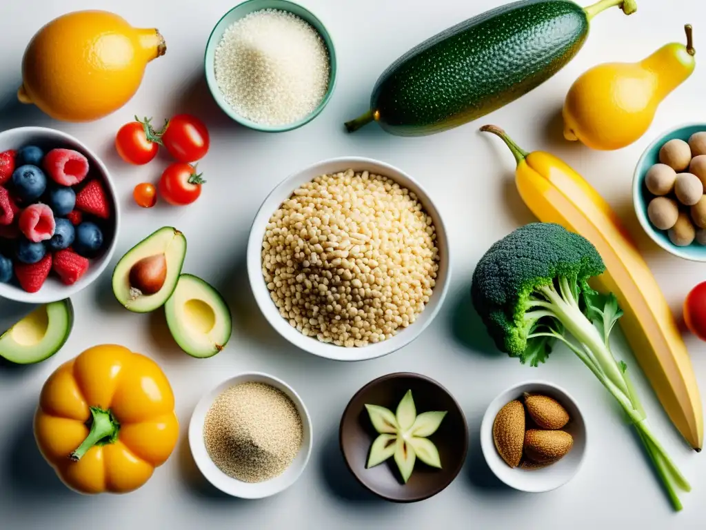 Exuberancia de alimentos: impacto de impuestos indirectos Una variedad de alimentos esenciales, frescos y coloridos, delicadamente dispuestos en una mesa blanca