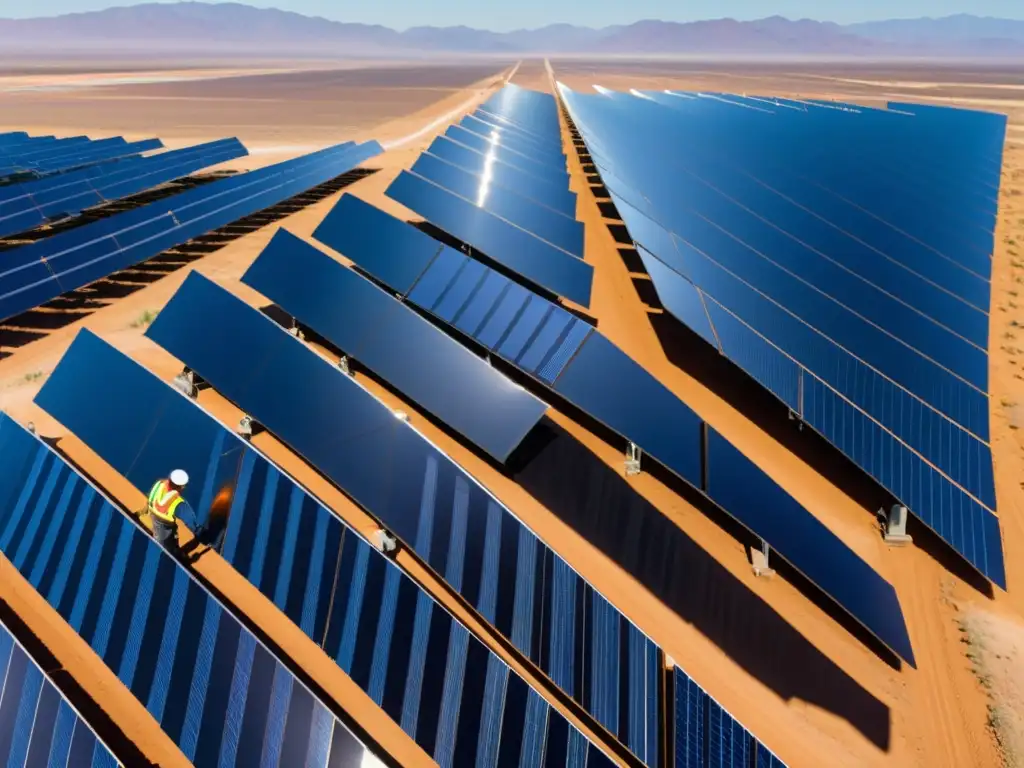 Energía solar en el desierto mexicano: un futuro brillante Un vasto campo de paneles solares en el desierto mexicano, con un trabajador inspeccionando