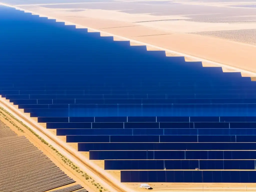 Granja solar en desierto: energía renovable y progreso Un vasto campo solar se extiende en el desierto, con paneles fotovoltaicos brillando bajo el intenso sol