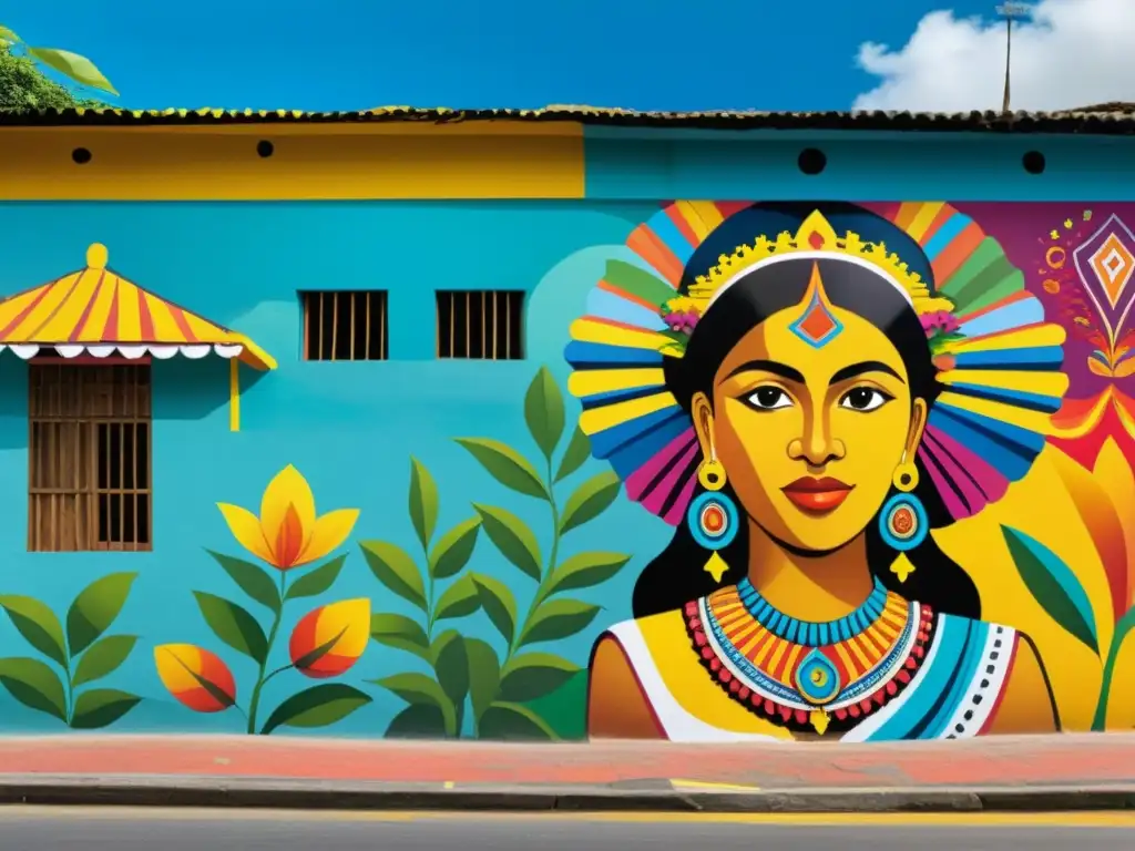 Murales callejeros colombianos: celebración cultural vibrante Vibrante arte callejero colombiano con escenas culturales y símbolos indígenas, incentivando la cultura y el arte en Colombia