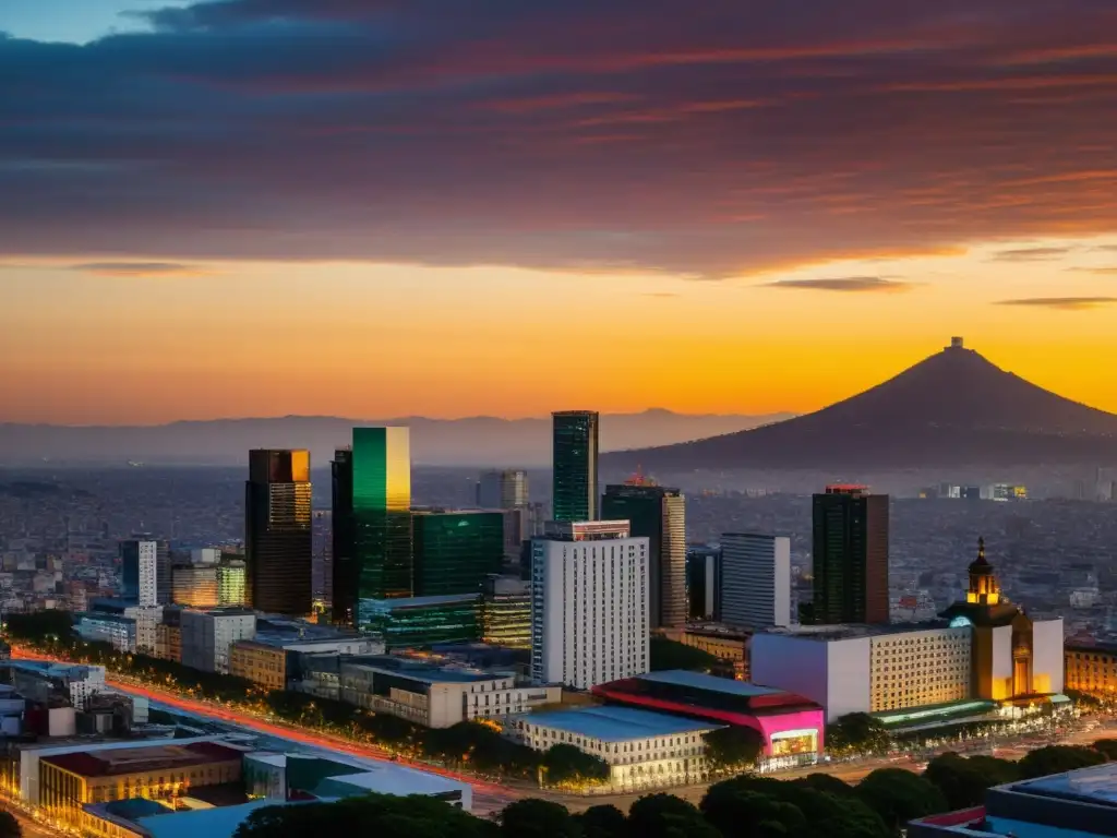 Horizonte de Ciudad de México al atardecer: Oportunidades de Inversión Vibrante atardecer en la Ciudad de México con la Torre Mayor y otros rascacielos iluminados