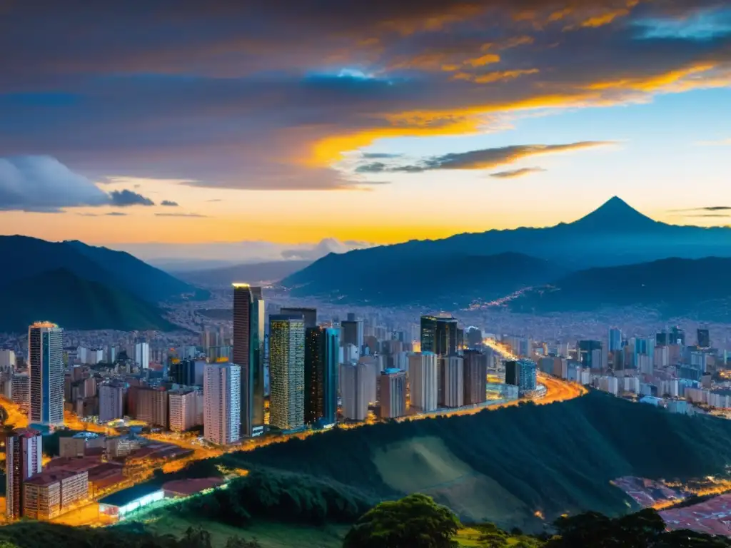 Horizonte dorado de Bogotá al atardecer Vibrante atardecer en Bogotá, Colombia, con modernos edificios iluminados por la cálida luz dorada
