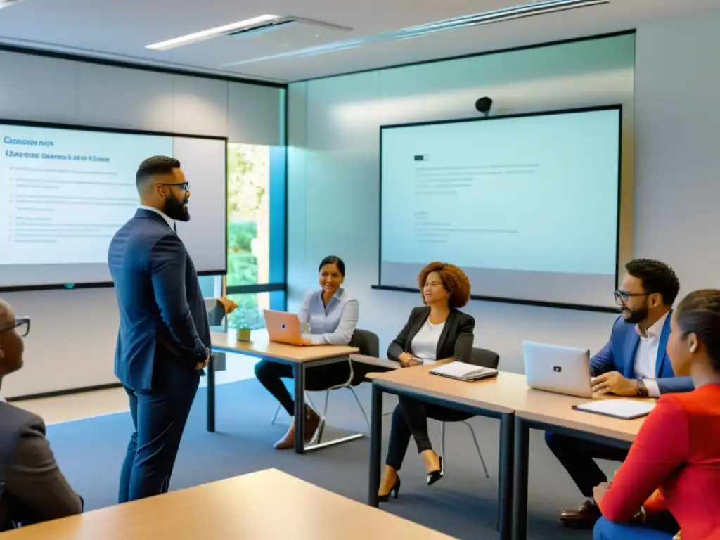 Curso de Fiscalidad para Emprendedores: Clase Dinámica y Educativa Vibrante aula de curso de fiscalidad para emprendedores con mobiliario minimalista, grandes ventanas y emprendedores participando activamente