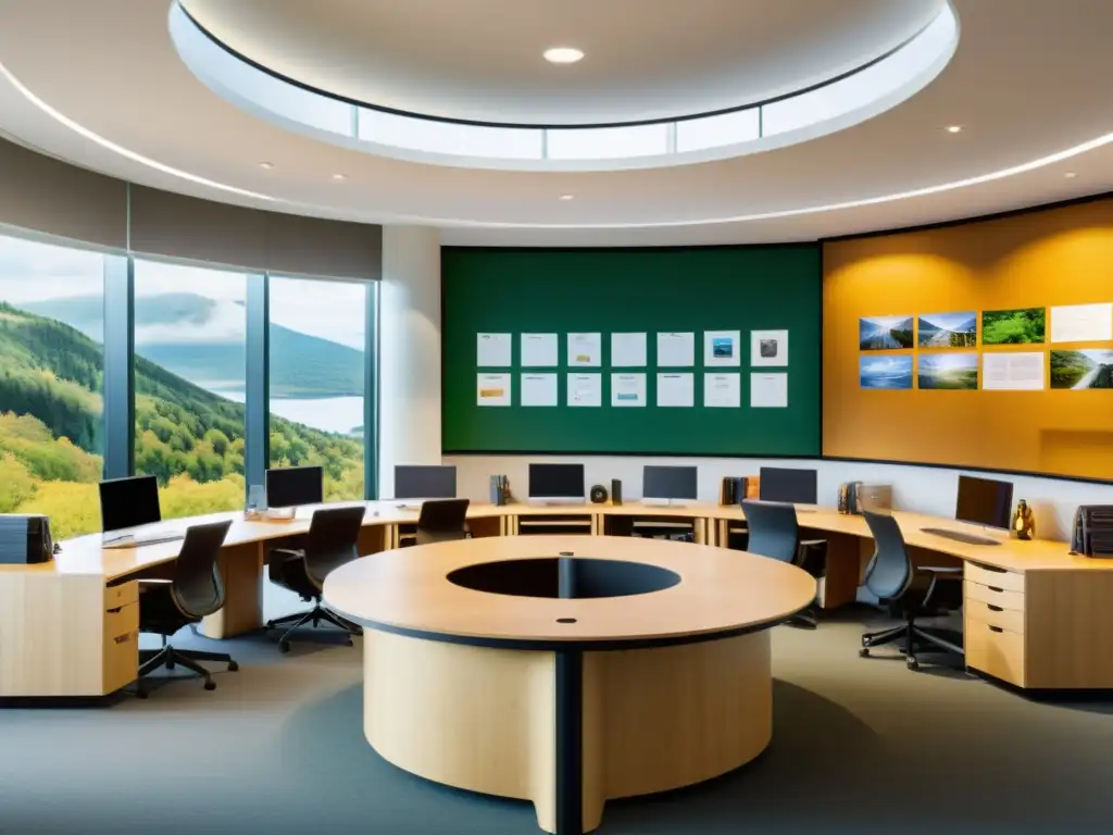 Sala de clases moderna con enfoque en impuestos ambientales 'Vibrante aula con diseño moderno y elementos naturales