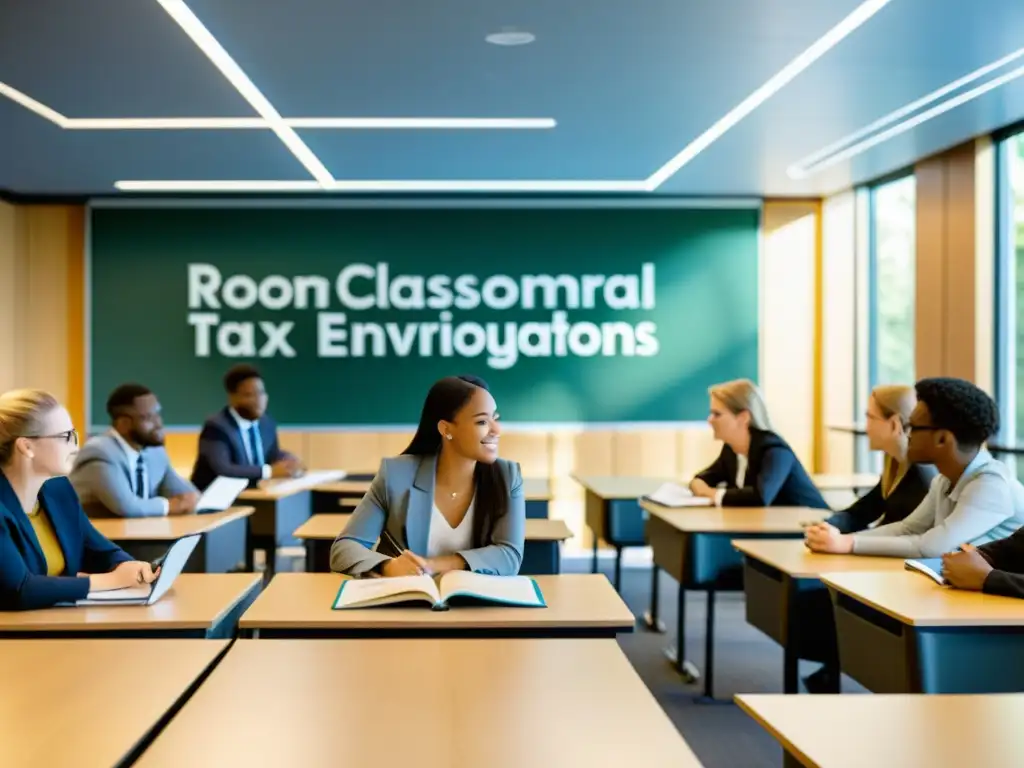 Aula moderna de derecho ambiental: estudiantes activos en seminario Vibrante aula moderna con libros de impuestos ambientales: cursos fiscales y alumnos participando en seminario educativo
