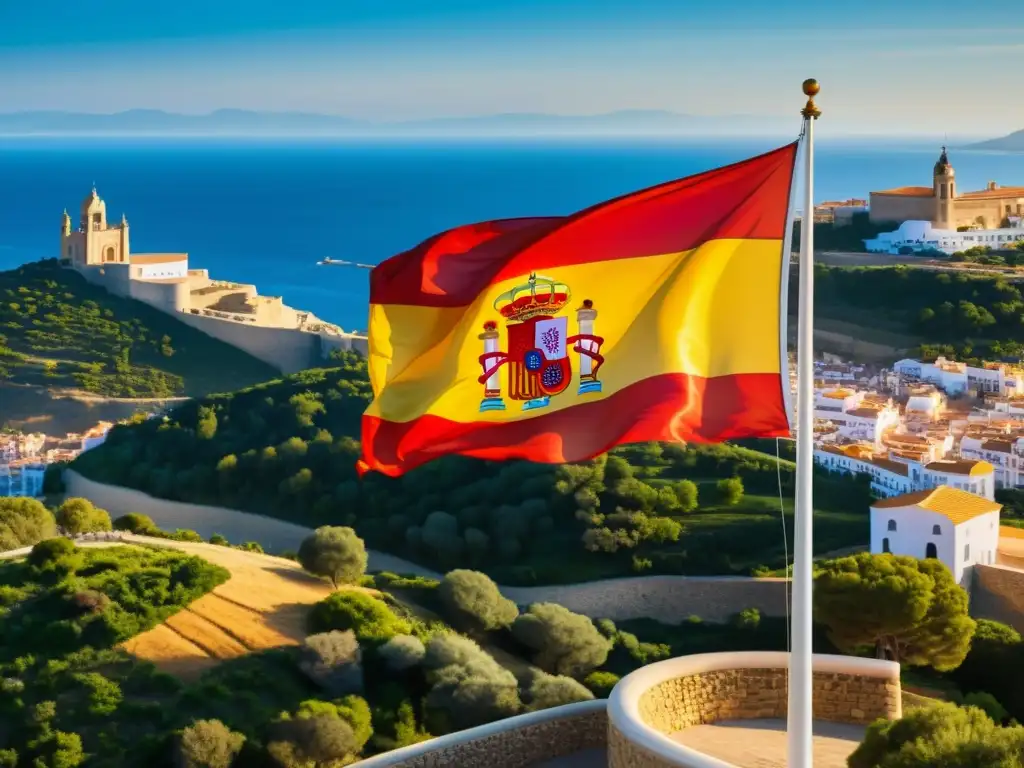 Esencia vibrante de España: bandera ondeante y paisajes icónicos La vibrante bandera española ondea sobre paisajes icónicos, destacando la cultura y belleza de España