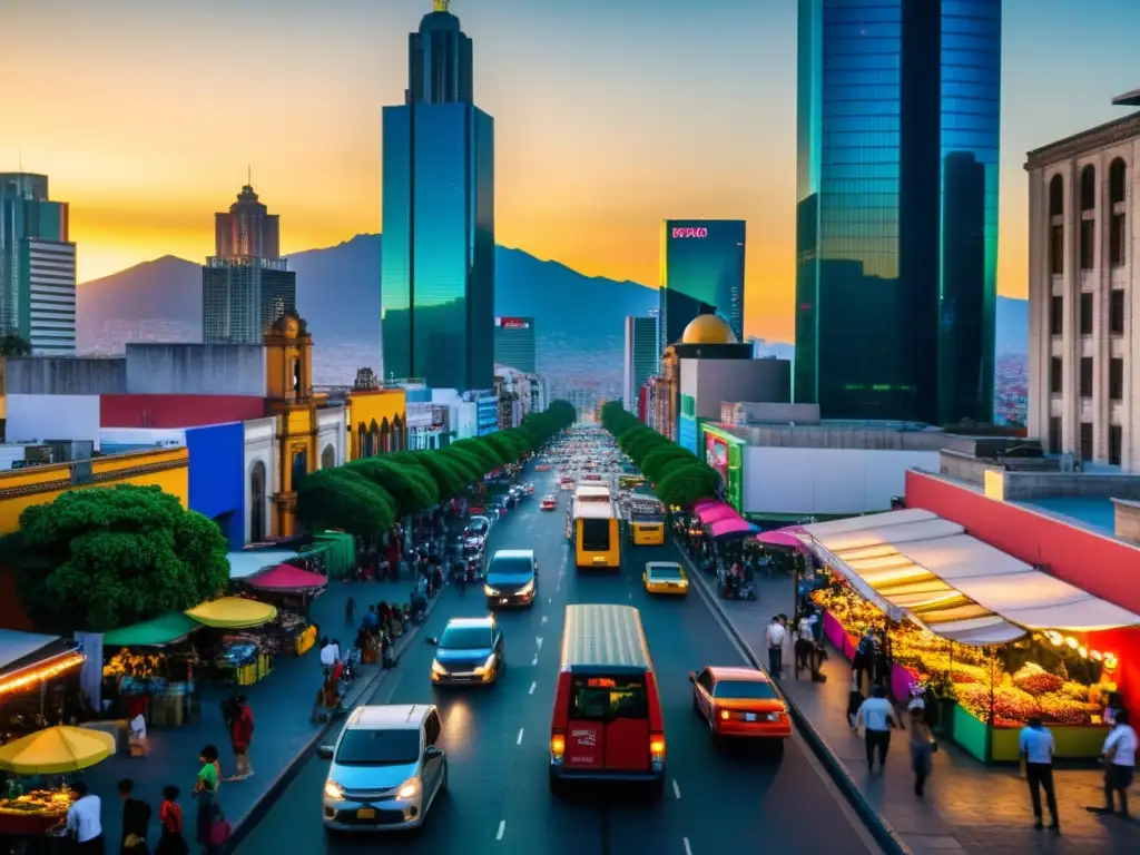 Atardecer vibrante en la Ciudad de México: economía en evolución Vibrante calle de la Ciudad de México al atardecer, con rascacielos modernos y vendedores callejeros coloridos