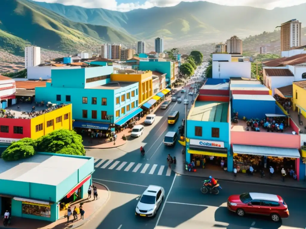 Vibrante vida urbana en Colombia: arquitectura moderna, mercados callejeros y transporte colorido Vibrante calle de la ciudad en Colombia, reflejando la fiscalidad local en Colombia con su energía y diversidad urbanas
